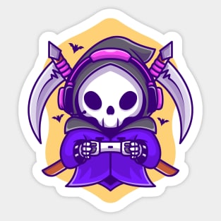 Cute Grim Reaper Gaming With Scythe Cartoon Sticker